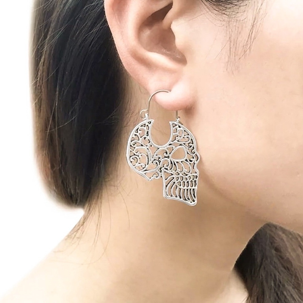 Any 2/$20! Boho Sugar Skull Open Work Earrings - Picture 3 of 12